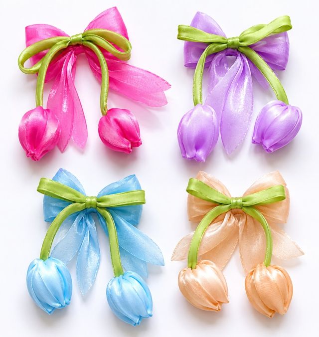 Korean Style Bowknot Hair Clip with Tulip Flower Design for Women & Girls | Cute Princess Hair Accessories for Casual Daily Wear | Fashion Hair Clips (Pack of 4)