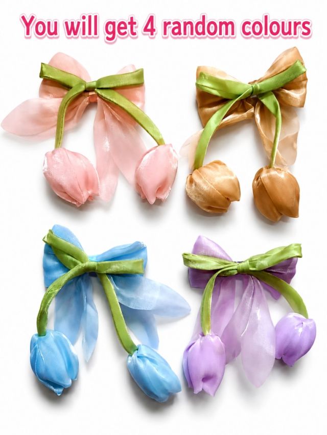 Korean Style Bowknot Hair Clip with Tulip Flower Design for Women & Girls | Cute Princess Hair Accessories for Casual Daily Wear | Fashion Hair Clips (Pack of 4)