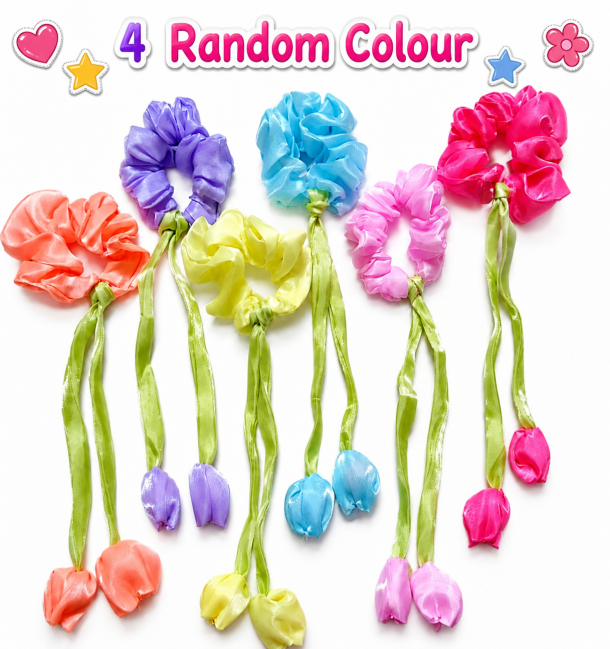 4 Satin Tulip Hair Scrunchies elastic scrunchie Multicolor Combo Satin Tulip Scrunchie Set for Women & Girls Stylish Floral Hair Accessories Hair Clip Korean Tulip Clips French Ribbon Style Soft Rubber Bands for cute girls