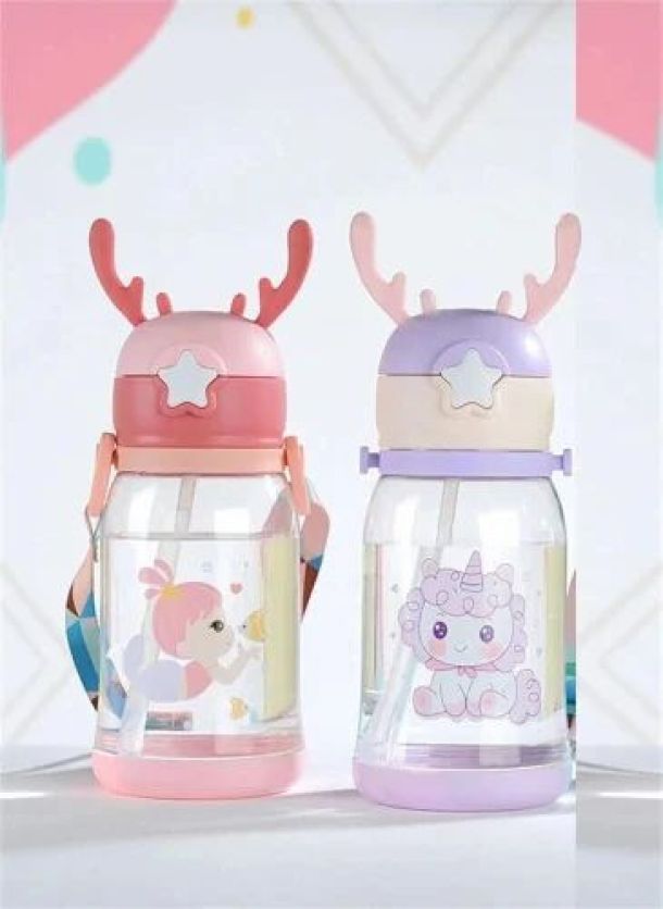 Plastic Deer Horn Shape Water Bottle With Straw & Strap BPA Free Non-Toxic, Anti-Leak With Cartoon Design Water Bottle For Kids, School, Home (600ML) pack -2