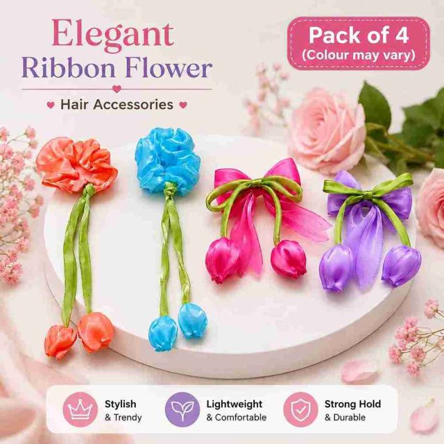 Korean Style Bowknot Hair Clip with Tulip Flower Design for Women & Girls | Cute Princess Hair Accessories for Casual Daily Wear | Fashion Hair Clips (Pack of 4)